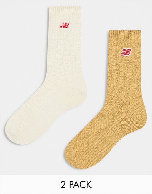 New Balance – 2er-Pack mittelhohe Socken in Hellbraun/Beige aus Waffelstrick mit Logostickerei