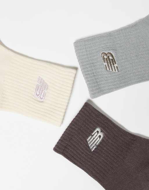 New Balance 3 pack embroidered logo ankle socks in off white and brown , 2 of 3