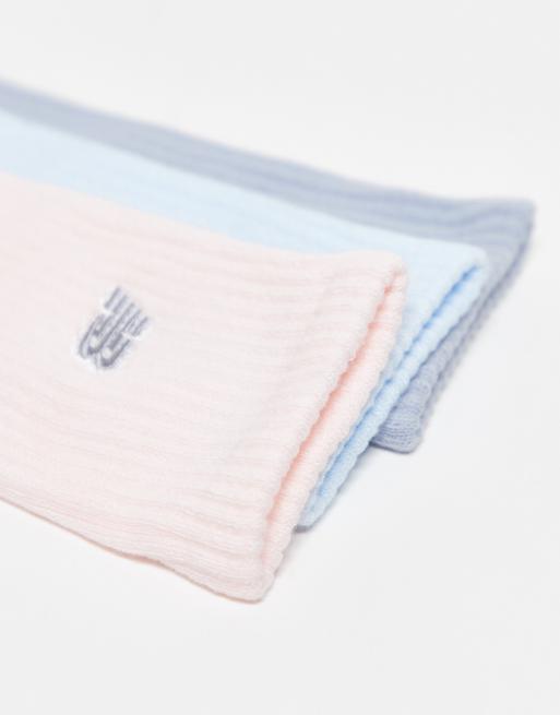 New Balance 3 pack embroidered logo crew socks in grey, pink and blue, 2 of 3