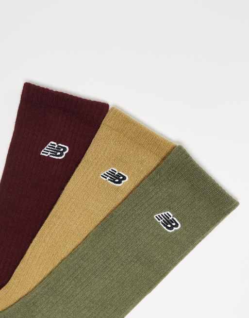 New Balance 3 pack embroidered logo crew socks in olive, burgundy and beige, 2 of 3