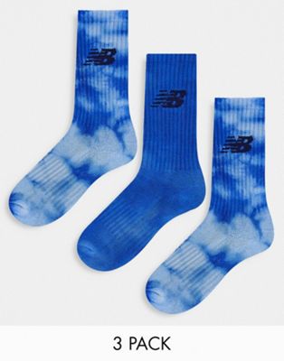 New Balance 3 pack logo crew socks in blue tie dye