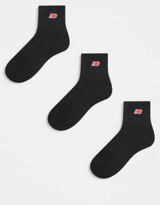 New Balance 3 pack ribbed ankle socks in black with red logo