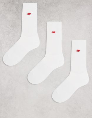 New Balance 3 pack ribbed crew socks in white with red logo