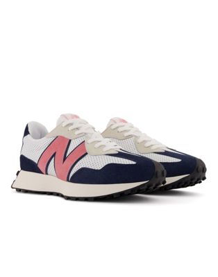 New Balance 327 perforated trainers in white navy and pink