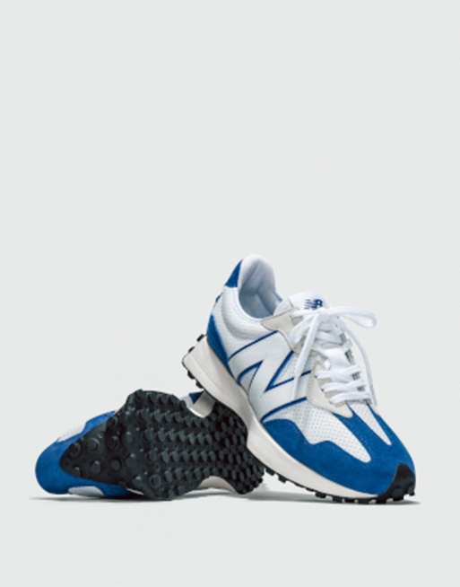 New Balance 327 premium trainers in white and blue