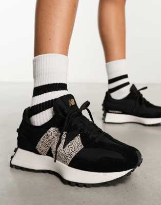 New Balance 327 sneakers in black with leopard detail