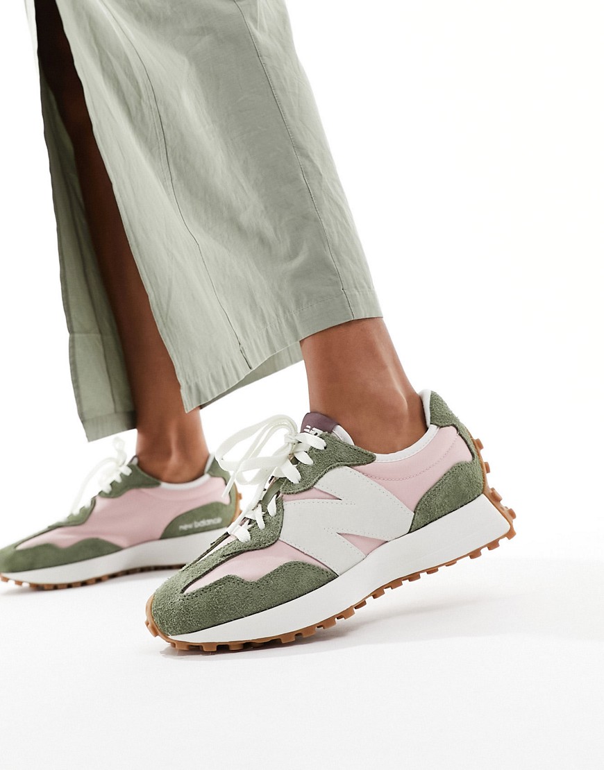 New Balance 327 Sneakers In Khaki With Pink Details-green