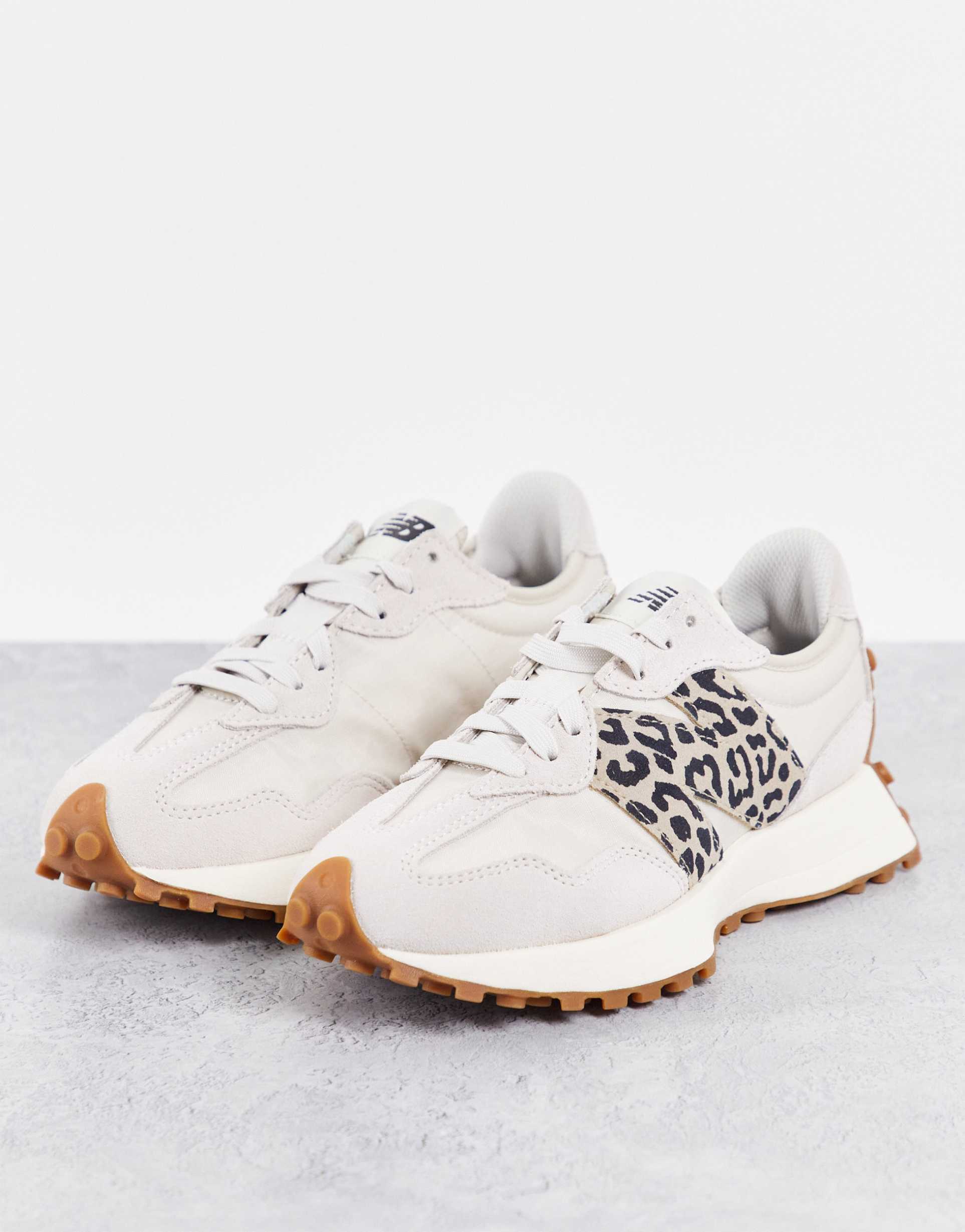 new balance 327 sneakers in off-white with leopard print detail