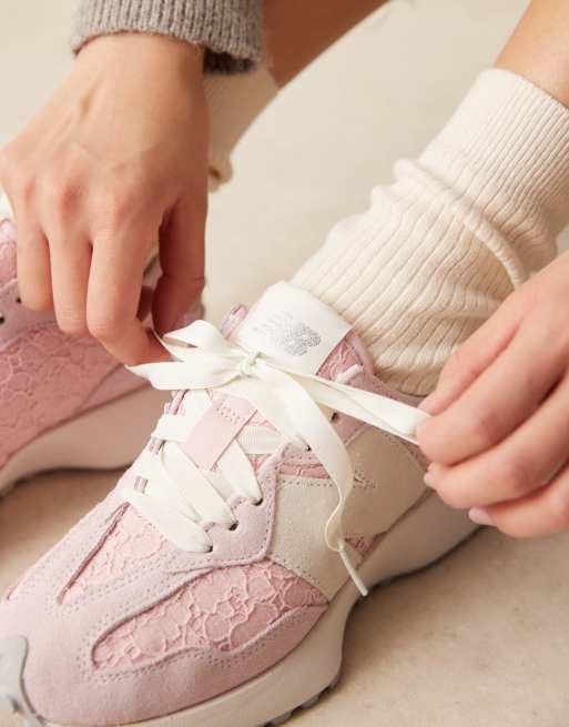 New Balance 327 sneakers in pink lace and white, 3 of 5