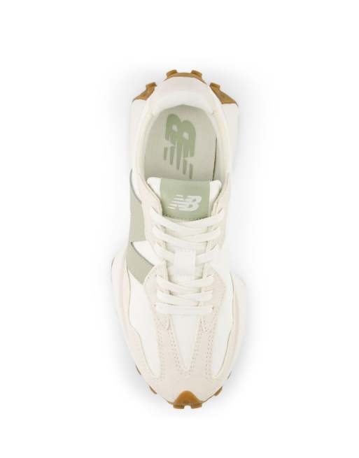 New Balance 327 sneakers in white and beige with light green detail