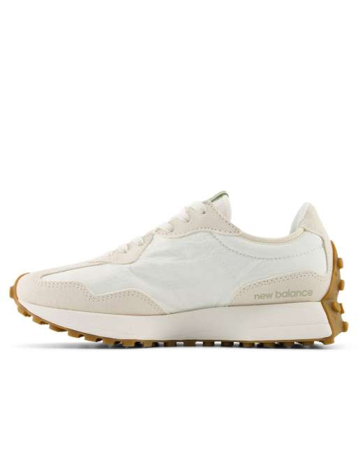 New Balance 327 sneakers in white and beige with light green detail