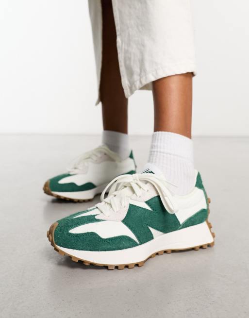 New Balance 327 sneakers in white and green exclusive to ASOS