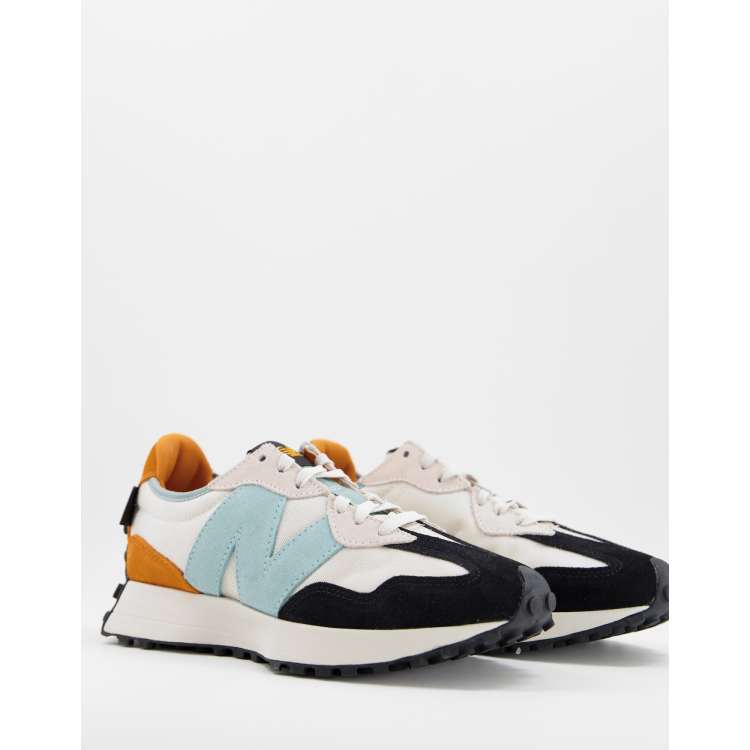 New Balance 327 sneakers in white orange and baby blue