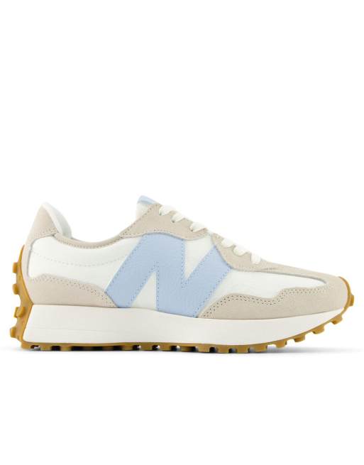 New Balance 327 sneakers in white with beige and baby blue detail