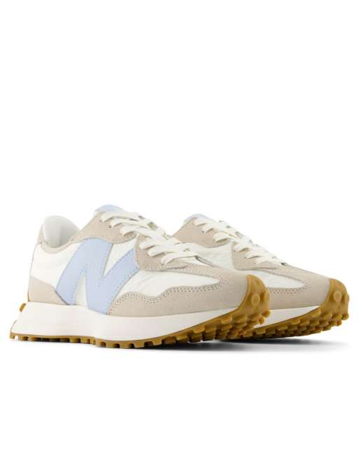 New Balance 327 sneakers in white with beige and baby blue detail