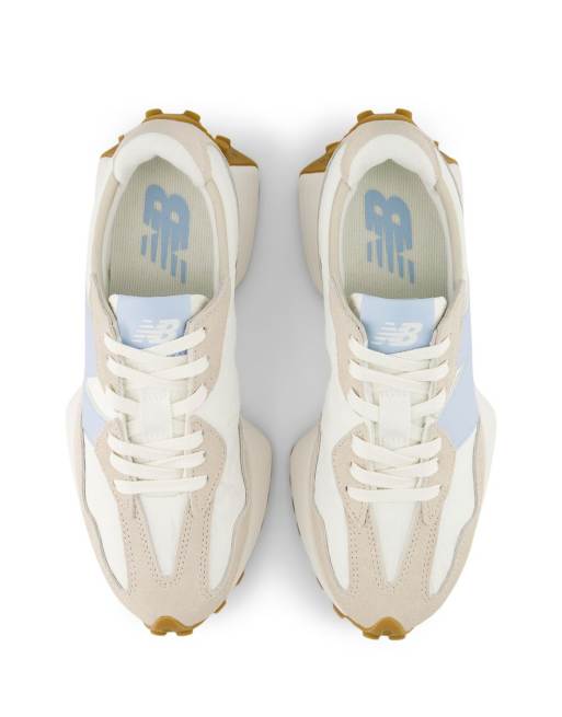 New Balance 327 sneakers in white with beige and baby blue detail