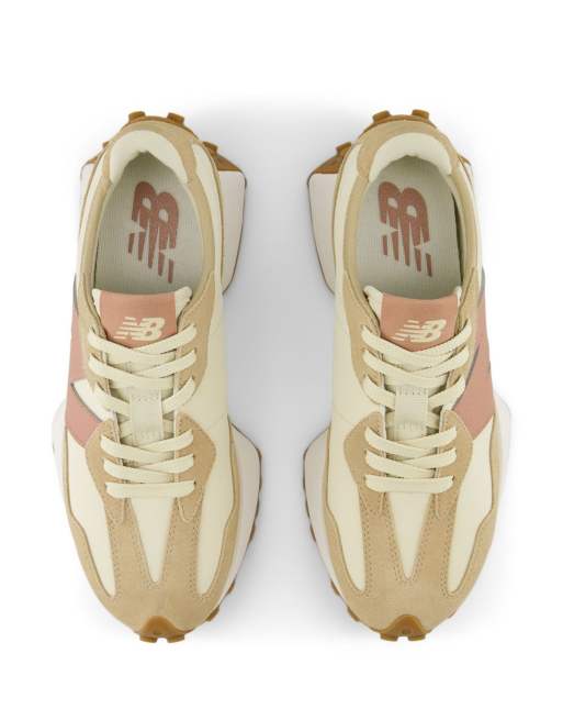 New Balance 327 sneakers in white with brown and red detail