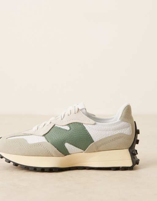 New Balance 327 sneakers in white with light and dark green detail, 2 of 5
