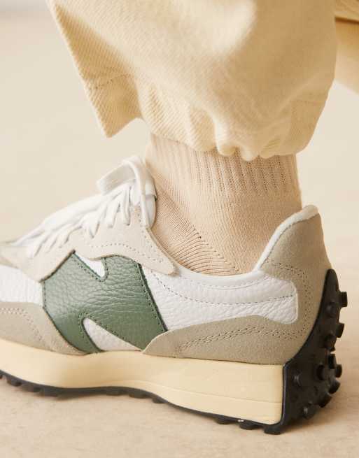 New Balance 327 sneakers in white with light and dark green detail, 4 of 5