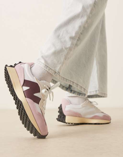 New Balance 327 sneakers in white with pink and burgundy