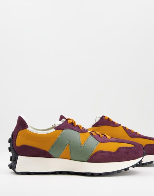 New Balance 327 suede sneakers in dark burgundy and orange