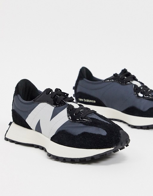 New Balance 327 trainers in black and grey