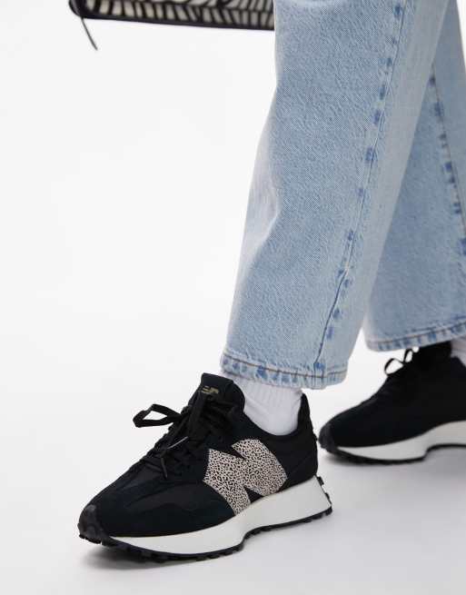 New Balance 327 trainers in black and leopard print