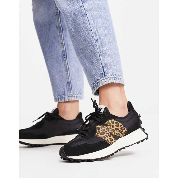 New Balance 327 trainers in black and leopard