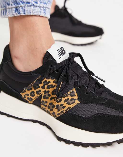 New Balance 327 trainers in black and leopard