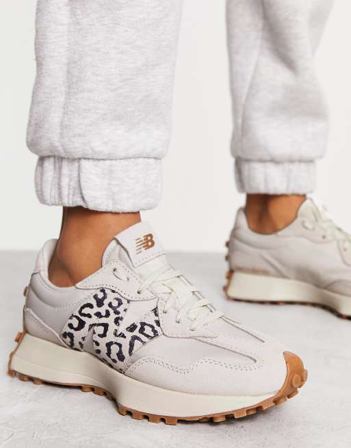 New Balance 327 trainers in off white with leopard print