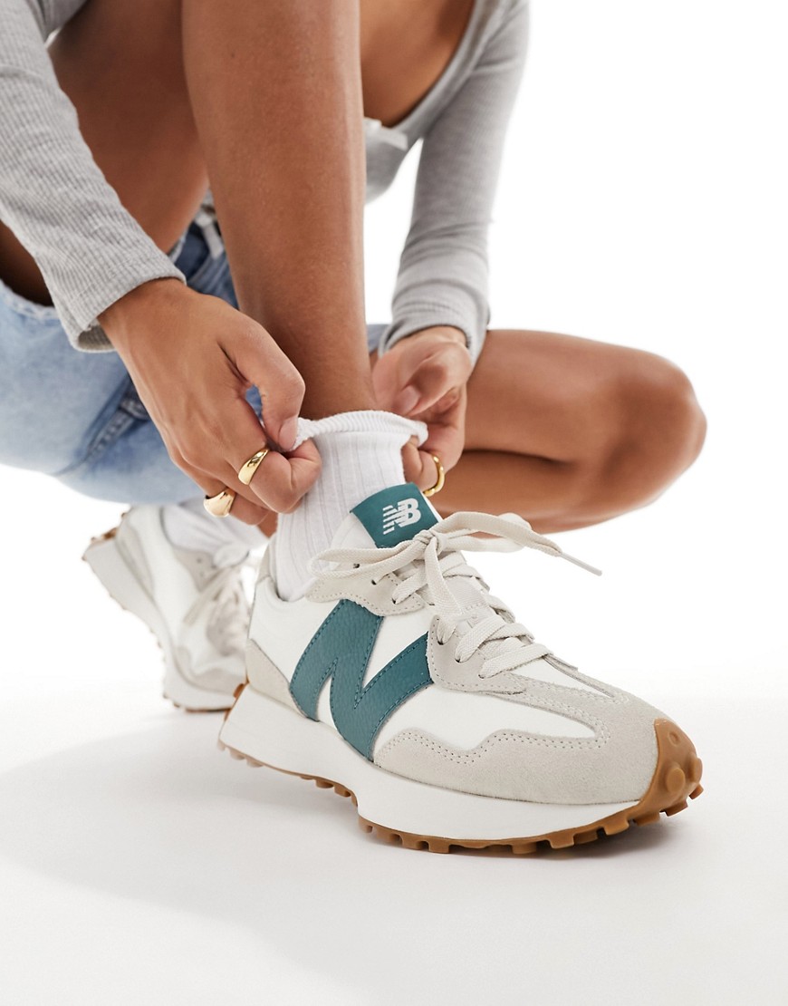 New Balance 327 trainers with gum sole in white and spruce green