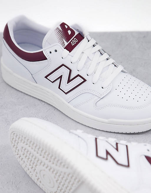 New Balance 480 court trainers in white and burgundy