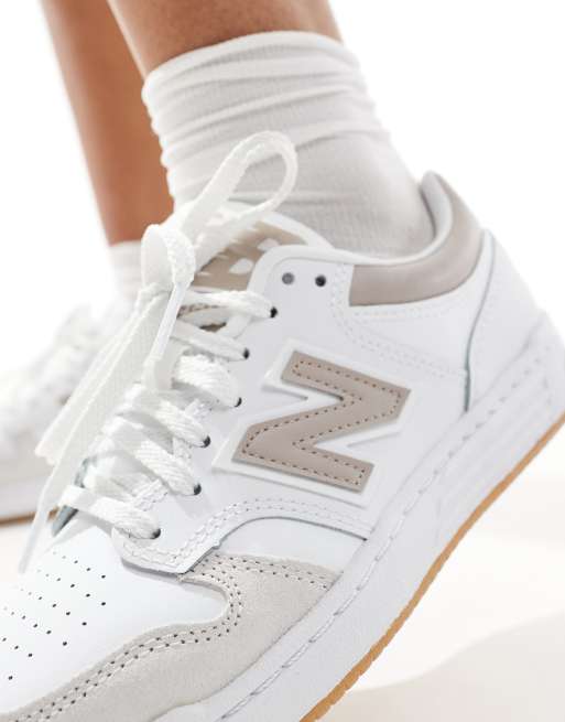 New Balance 480 sneakers in white and beige with gum sole, 4 of 5