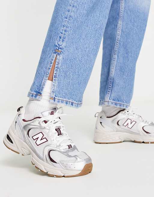 New Balance 530 trainers in white and burgundy exclusive to ASOS