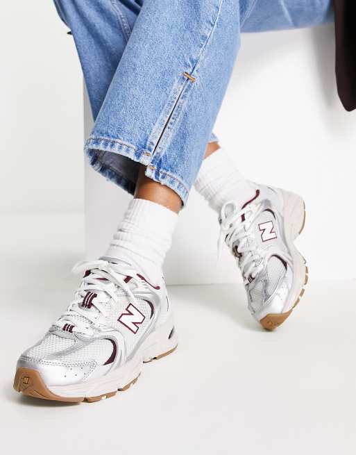 New Balance 530 trainers in white and burgundy exclusive to ASOS