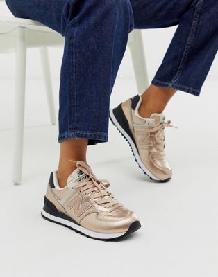 New Balance 574 metallic trainers in rose gold