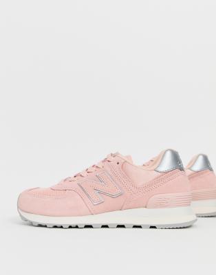 new balance 574 pink and silver trainers