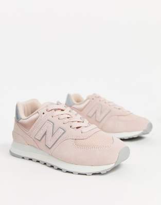 new balance 574 pink and silver trainers