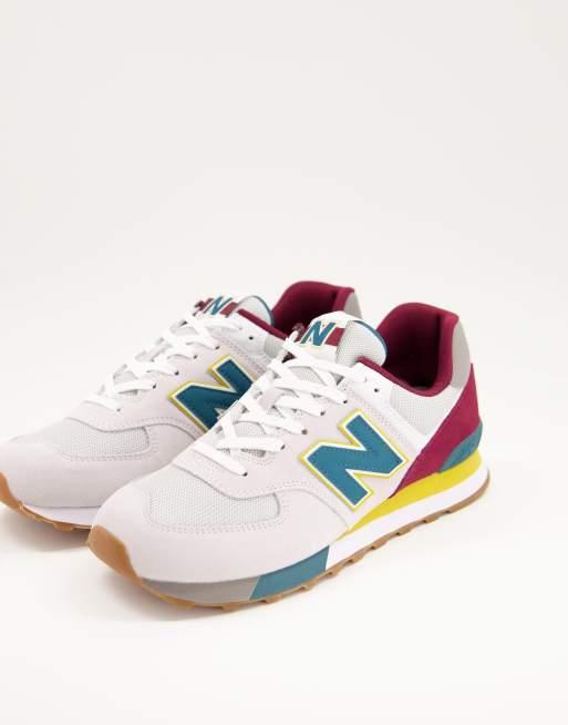 New Balance 574 sneakers in grey burgundy and yellow | ASOS