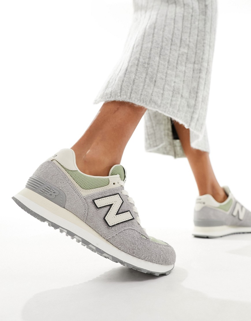 New Balance 574 suede trainers in grey and green