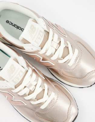 new balance 574 pink and silver trainers