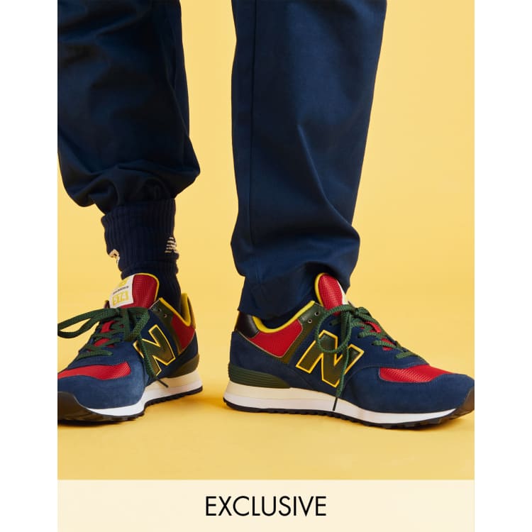 New Balance 574 trainers in navy and red exclusive to ASOS