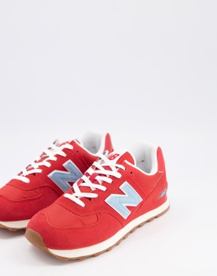 New Balance 574 trainers in red and sky 