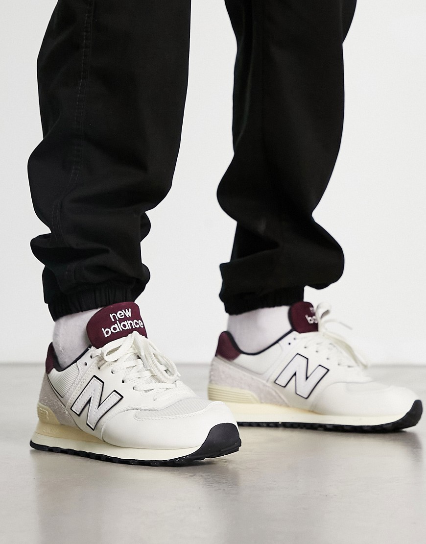 New Balance 574 trainers in white and burgundy