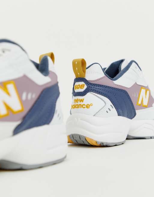 New balance 608 white with blue and yellow chunky on sale trainers