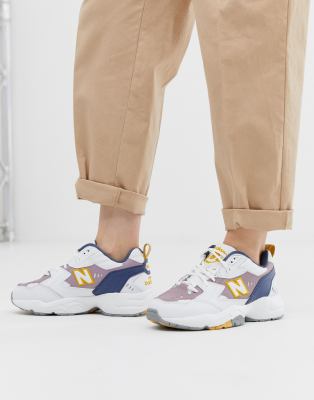 new balance 608 white with blue and yellow chunky trainers