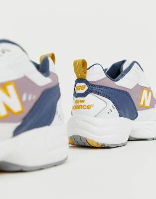 new balance 608 white with blue and yellow chunky trainers