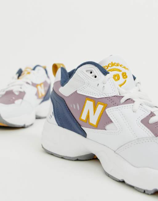 New Balance 608 chunky trainers in white and purple