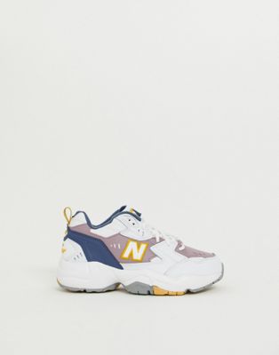 new balance 608 white with blue and yellow chunky trainers