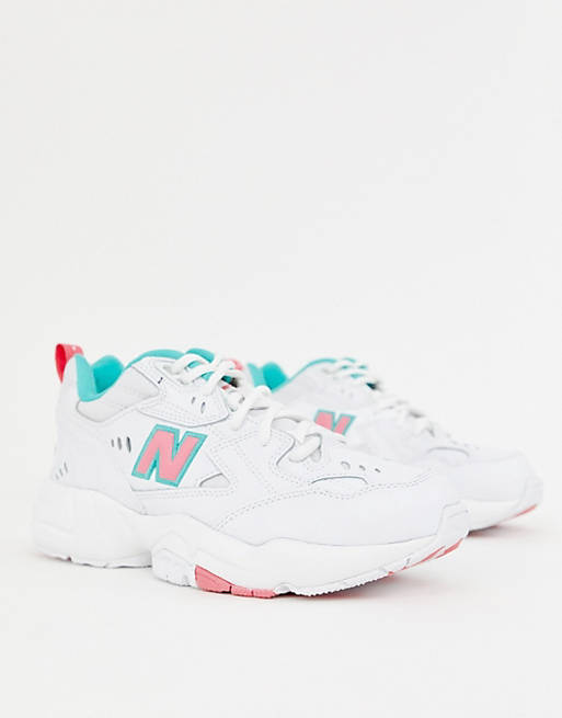 New Balance – 608 – Sneaker in Weiß, Rosa und Grün mit dicker Sohle